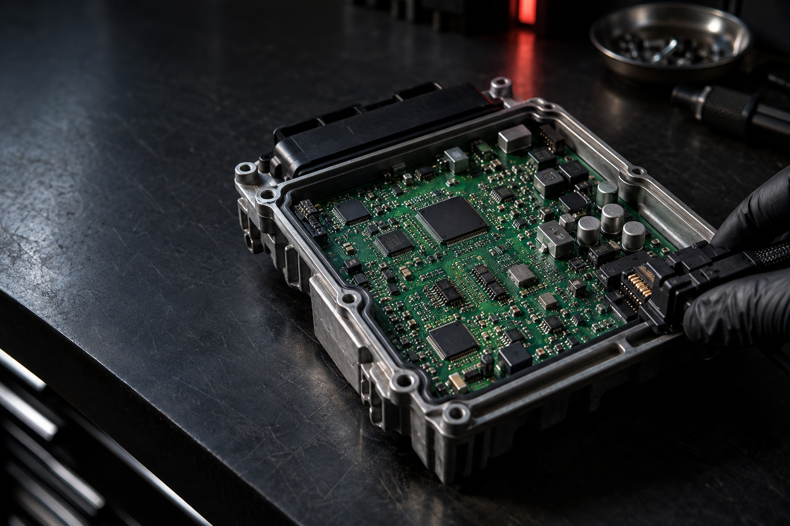 Concept photograph of ECU electronics and a bench programming connector